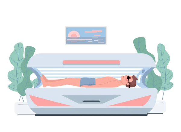 フラットカラーベクトル文字を日焼け 寝たきりの男だ ソラリウム訪問 男性の顧客は機械で日焼け 化粧品の手順機器 美容室の手順孤立した漫画のイラスト — ストックベクタ
