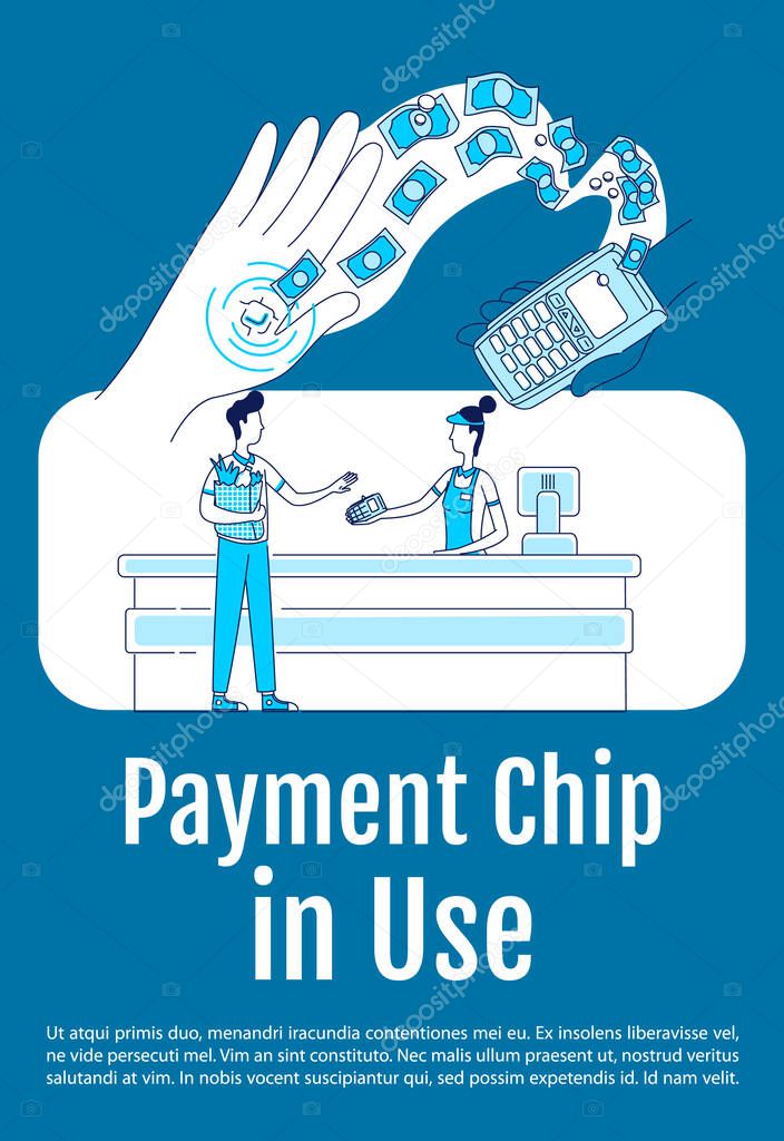Payment chip in use poster flat silhouette vector template. Device in human hand. Brochure, booklet one page concept design with cartoon characters. Fast payment flyer, leaflet with text space