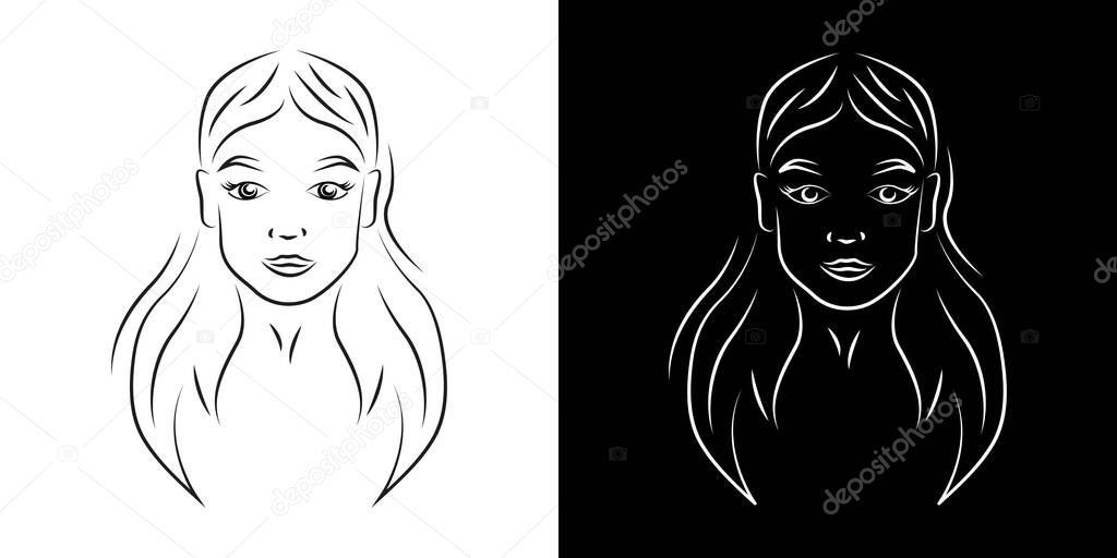 Young beautiful woman contour portrait vector illustration. Teenage girl face with smiling expression realistic line art. Lady with natural beauty outline character on black and white backgrounds