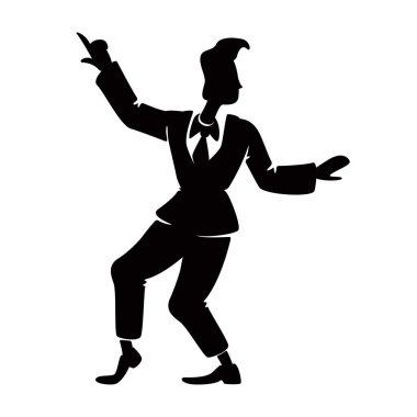 Havalı boogie woogie erkek dansçı siyah siluet vektör çizimi. Rock 'n Roll pozu veren biri. Rockabilly tarzı adam dans pistinde 2D çizgi film karakteri şeklinde reklam, animasyon, baskı için
