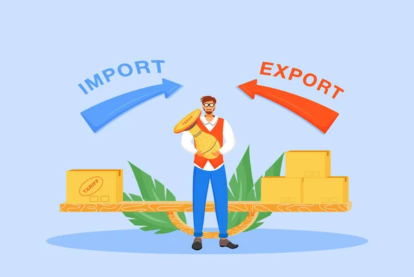 Impuestos Importación Exportación Concepto Plano Vector Ilustración Hombre Con Sello — Vector de stock