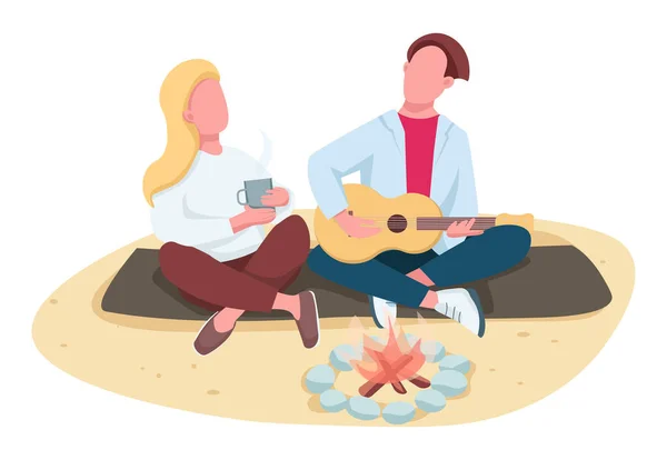 Couple Picnic Beach Flat Color Vector Faceless Characters Summer Camping — Stock Vector