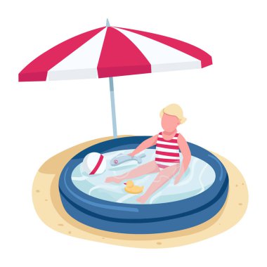 Küçük kız şişme havuzda oyuncaklarla oynuyor düz renk vektör yüzsüz karakter. Sahildeki çocuk, güneş şemsiyesi altında web grafik tasarımı ve animasyonu için izole edilmiş çizgi film çizimi yapıyor.