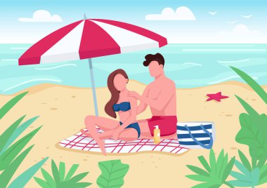 Plaj düz renk vektör illüstrasyonuna güneş kremi süren bir çift. Erkek arkadaş ve kız arkadaş güneşleniyor. Yaz tatili eğlencesi. Arka planda deniz manzaralı 2B çizgi film karakterleri