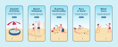 Sahil oyunları mobil uygulama düz ekran vektör şablonunda. Kumdan kale faaliyeti. Karakterli web sitesi adımları. UX, UI, GUI akıllı telefon çizgi film arayüzü, dosya izleri