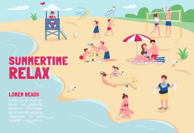 Yaz mevsimi bayrak düz vektör şablonu gevşetin. Broşür, çizgi film karakterleriyle poster tasarımı. Yaz tatili, kumsalda tatil yatay broşür, metin için yer olan broşür.