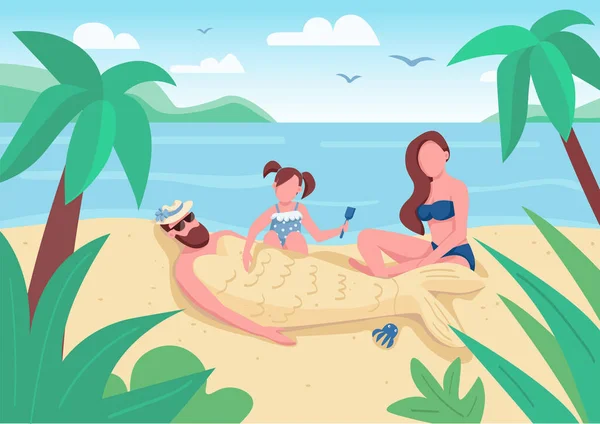 女儿把爸爸埋在沙子扁平的彩色矢量图上 父亲和孩子们在海滩上的娱乐 夏天的娱乐活动 背景为海景的2D卡通人物 — 图库矢量图片