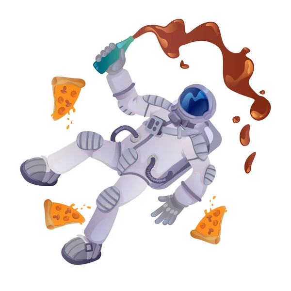 Cosmonaut Met Voedsel Cartoon Vector Illustratie Astronaut Met Fles Pizza — Stockvector