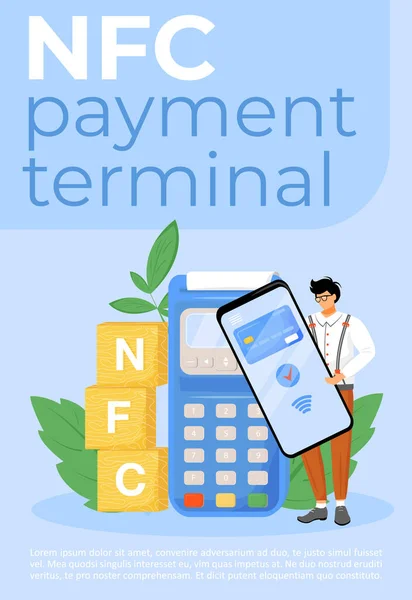 Nfc Payment Terminal Poster Flat Vector Template Cashless Transactions Contactless — Stock Vector