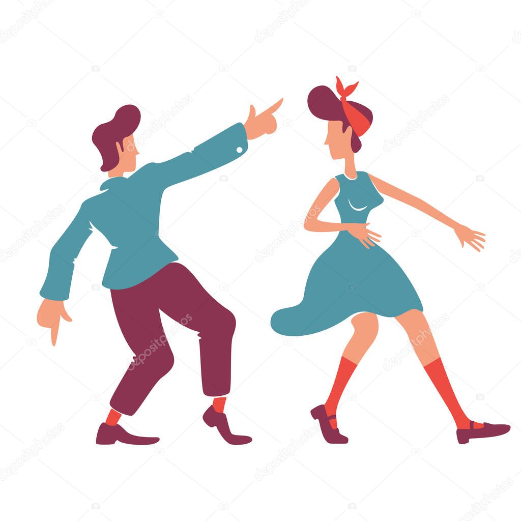 Retro style girlfriend and boyfriend flat color vector faceless characters. Couple dancing boogie woogie, rock n roll. Old fashioned romantic date at disco party isolated cartoon illustration
