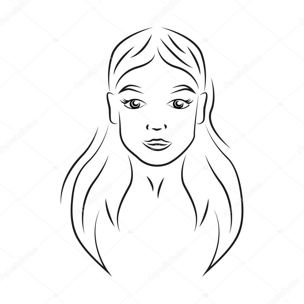 Young beautiful woman contour portrait vector illustration. Teenage smiling girl face with cheerful expression realistic line art. Lady with natural makeup outline character on white background