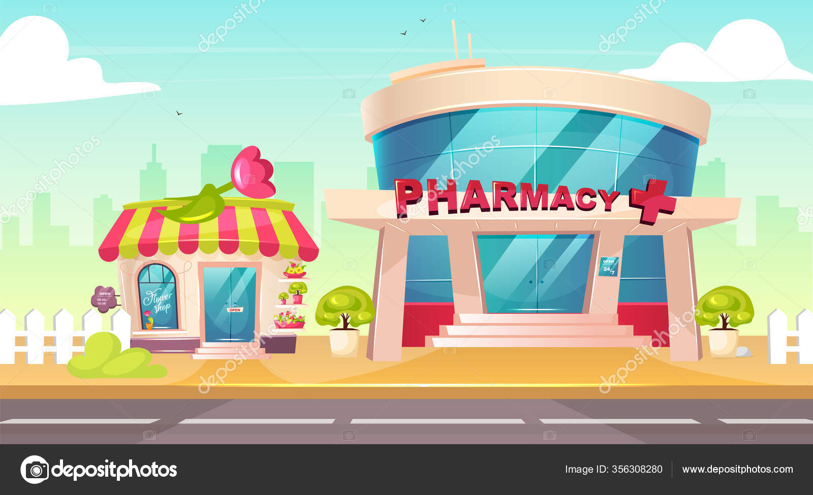 Centro Cidade Ilustração Vetorial Cor Plana Loja Flores Frente Farmácia  Vetor de ©IMG visuals characters 356308280, image size:1600x974