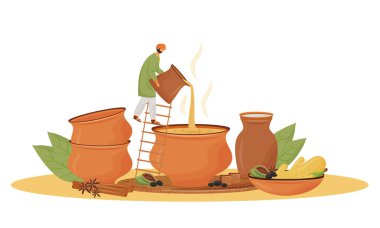 Hint mutfağı, çay servisi düz konsept vektör çizimi. Adam web tasarımı için Masala Chai 2D çizgi film karakteri dolduruyor. Geleneksel içecek, aromatik karışım yaratıcı fikir sunar