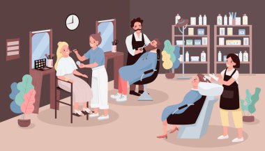 Kuaför salonu düz renk vektör çizimi. Sakal kesen adam. Kuaför kadının saçını yıkıyor. Sanatçı makyajı yapar. Arkaplanda güzellik salonu mobilyaları olan 2D çizgi film karakterleri