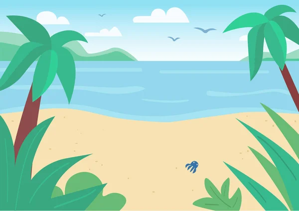 Tropisch Zand Strand Zee Vlakke Kleur Vector Illustratie Zeegezicht Met — Stockvector