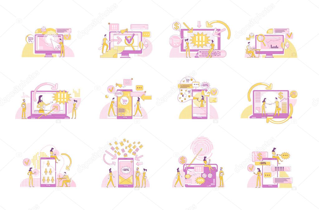 Digital marketing thin line concept vector illustrations set. Marketers and customers 2D cartoon characters for web design. Internet advertising business, online promotion technology creative ideas