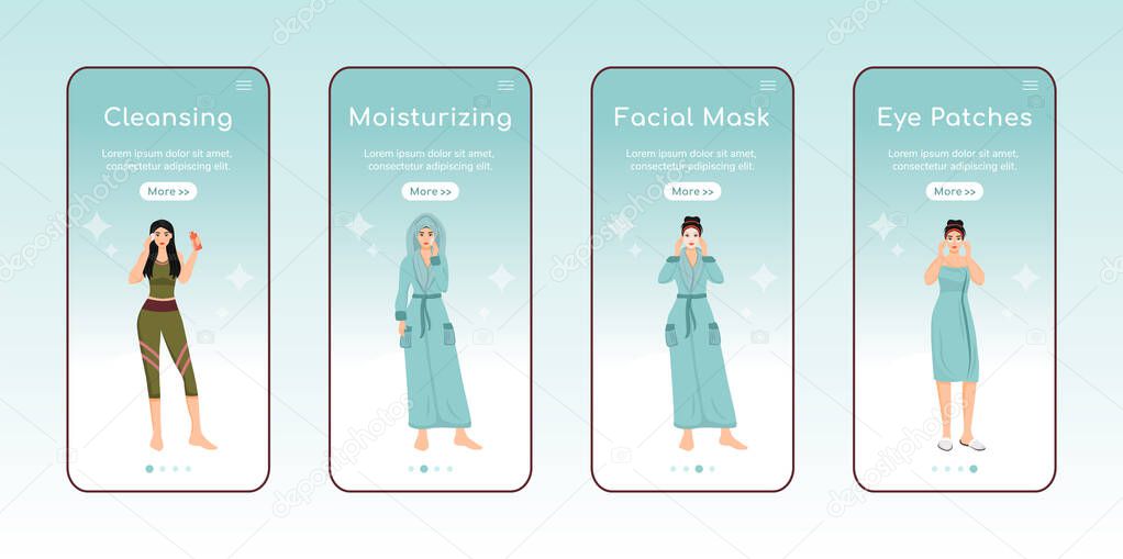 Skincare steps onboarding mobile app screen flat vector template. Face cleansing and moisturizing. Walkthrough website steps with characters. UX, UI, GUI smartphone cartoon interface, case prints set
