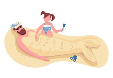 Kızı, babasını kum rengi düz vektör yüzsüz karakterlerle gömüyor. Aile içi yaz eğlencesi, sahilde izole edilmiş karikatür çizimi web grafik tasarımı ve animasyonu