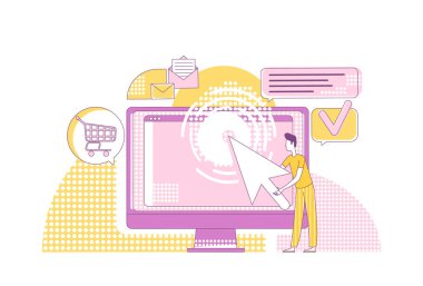 PPC pazarlama ince çizgi konsept vektör çizimi. Web tasarımı için bilgisayar kullanıcısı 2D çizgi film karakteri. Modern internet tanıtım stratejisi, tıklama başına ödeme, SEM yaratıcı fikir