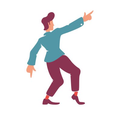 Elleri düz renk vektör yüzsüz karakterli şık bir retro adam. Ayakta duran erkek bakış açısı. Kendine güvenen, mavi ceketli, izole çizgi film çizimi yapan, kendine güvenen, eski kafalı adam.