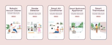Mobil uygulama ekran düz vektör şablonunda IOT cihazları var. Akıllı ev aletleri, karakter içeren web sitesi basamaklarını kontrol eder. UX, UI, GUI akıllı telefon çizgi film arayüzü, dosya izleri