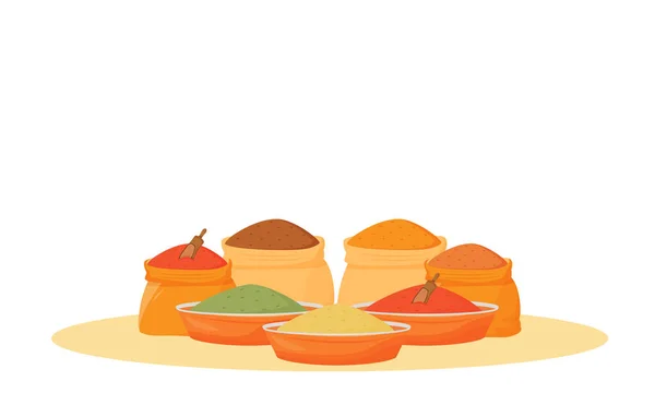 インドのスパイスの品揃え漫画のベクトルイラスト ボウルや袋のフラットカラーオブジェクトの伝統的な風味 調理項目 食品成分 白い背景に隔離された条件 — ストックベクタ