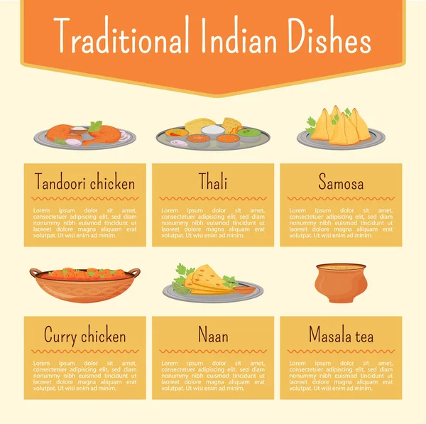 Ινδικά Πιάτα Επίπεδη Χρώμα Διάνυσμα Informational Infographic Πρότυπο Αφίσα Συνταγών — Διανυσματικό Αρχείο