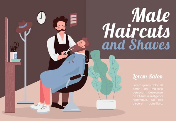 Male Haircuts Shaves Banner Flat Vector Template Brochure Poster Concept — Stock Vector