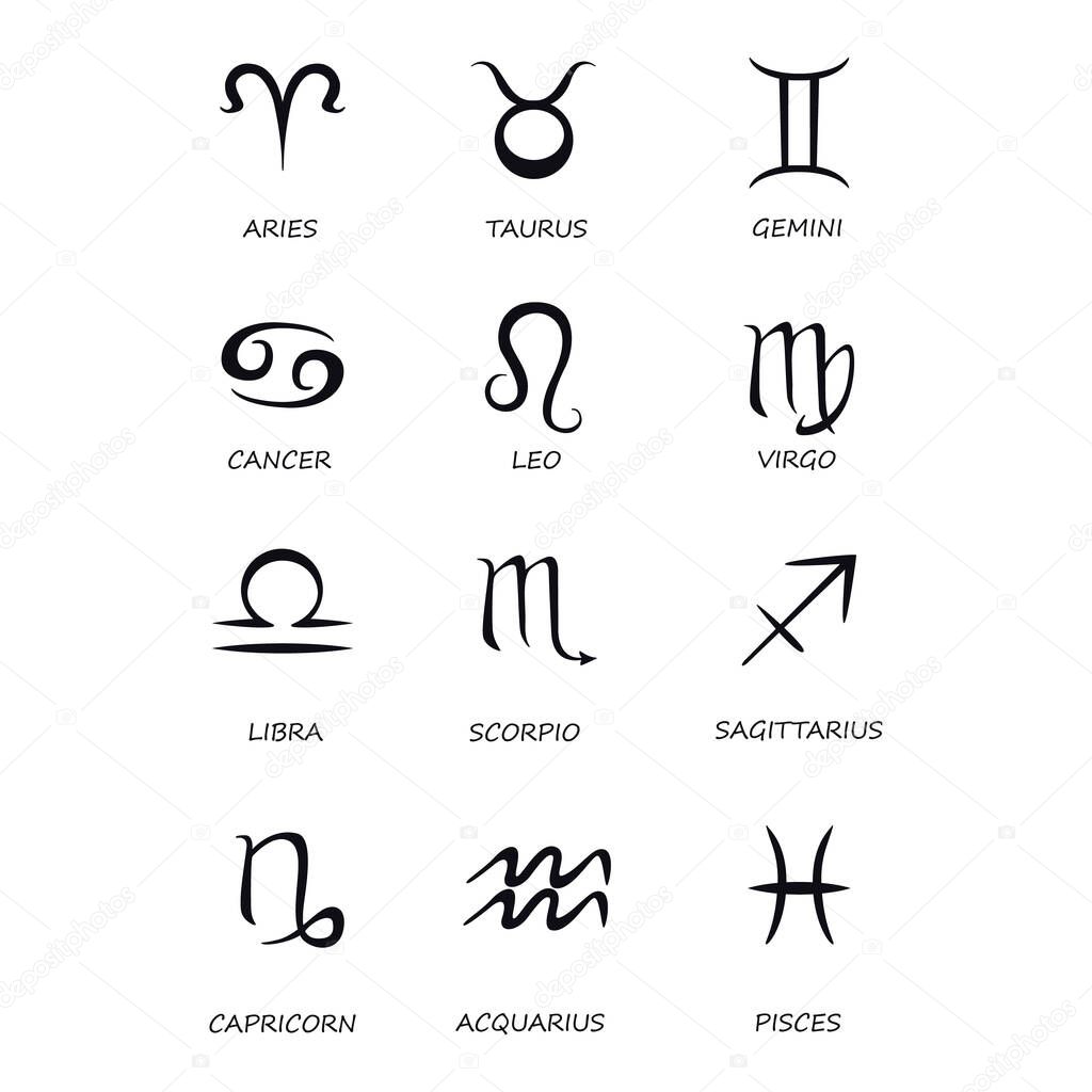 Twelve zodiac signs black vector illustrations set. Celestial symbols with names for horoscope. Pisces, Aries, Libra astrological silhouette signs. Virgo, Scorpio symbols glyph icons pack