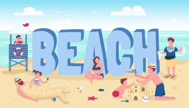 Plaj kelimesi düz renk vektör pankartı içerir. İnsanlar yaz etkinlikleri. Yaz tatili tatili. İçinde çizgi film karakterleri olan tipografi. Tatilciler yaratıcı illüstrasyonları rahatlatıyor
