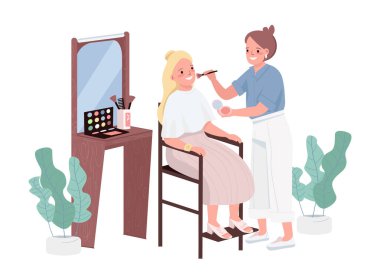 Düz renk vektör karakterleri oluştur. Genç bir kadın için kozmetoloji tedavisi. Profesyonel makyözler. Stilist danışman. Visage Talimatları. Güzellik salonu prosedürü karikatür çizimi