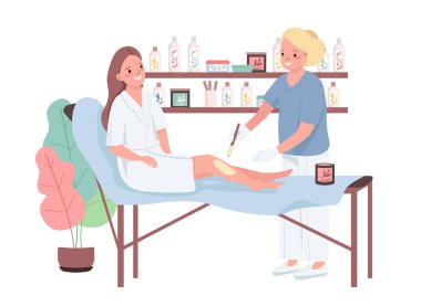 Düz renk vektör karakterleri cilalanıyor. Bacaklarda saç kesimi. Profesyonel kadın güzellik uzmanı. Epilasyon tedavisi. İncik kemiğine sürtünme. Güzellik salonu prosedürü karikatür çizimi