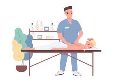 Düz renk vektör karakterlerine masaj yap. Kafkasyalı genç bir kadın için spa tedavisi. Erkek profesyonel masör. Bayan müşteri yatakta dinleniyor. Güzellik salonu prosedürü karikatür çizimi