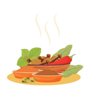 Hint içeceği çeşnileri çizgi film çizimleri. Tahta kaselerde çay katkı maddeleri düz renkli nesneler. Geleneksel içecek aromaları ve beyaz arka planda izole edilmiş aromatik malzemeler.