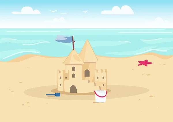 海滩上的沙堡平面彩色矢量图解 给孩子们的暑假娱乐 滨海2D卡通景观中的沙堡和儿童玩具 背景为水 — 图库矢量图片