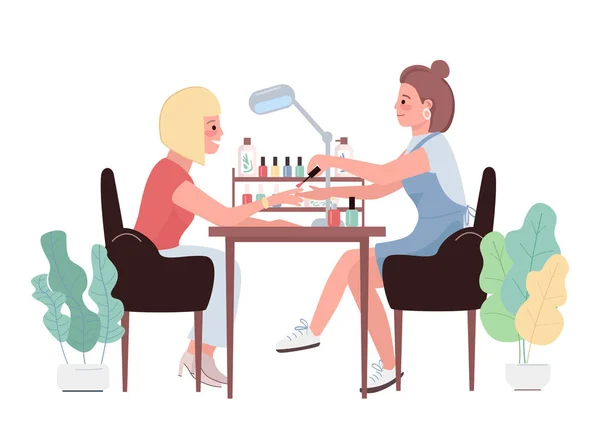 Manicure flat color vector characters. Woman polishing nails on hand. Cosmetic treatment for caucasian female client. Painting fingernails. Beauty salon procedure isolated cartoon illustration