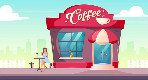 Coffeeshop Sidewalk Flat Color Vector Illustration 밖에서 브런치를 레스토랑 건물의 — 스톡 벡터