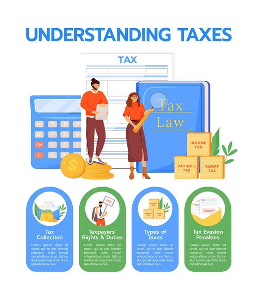 Entendendo Impostos Modelo Infográfico Informativo Vetorial Cor Plana Cartaz Tributação — Vetor de Stock