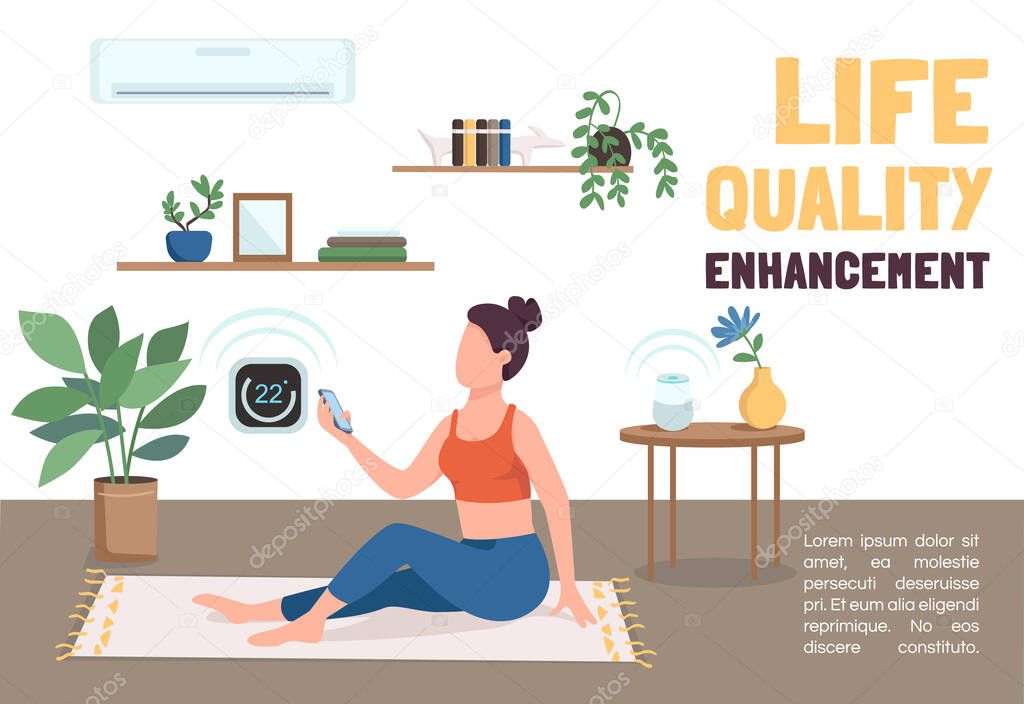 Life quality enhancement banner flat vector template. IOT technologies brochure, poster concept design with cartoon characters. Climate control system horizontal flyer, leaflet with place for text