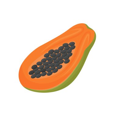 Papaya karikatür vektör çizimi. Organik yiyecekler, tatlı tatlı, olgun tropikal meyve düz renk nesneler. Tohumlu yarım papaya, beyaz arka planda izole edilmiş egzotik salata malzemesi.