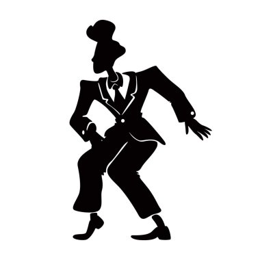 Retro kostümlü komik adam siyah siluet vektör çizimi. Boogie Woogie pozunda bir erkek. 50 'lerin saç stili, çizgi film karakteri şekilli eski moda adam. Reklam, animasyon, baskı için.