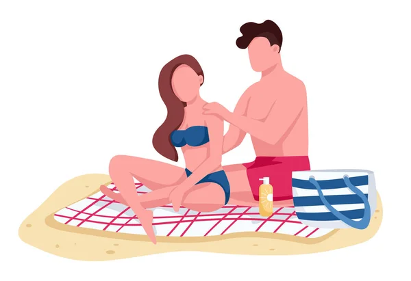 ビーチフラットカラーベクトル顔のない文字に日焼け止めオイルを適用カップル ボーイフレンドとガールフレンド日光浴孤立した漫画イラスト用ウェブグラフィックデザインとアニメーション — ストックベクタ