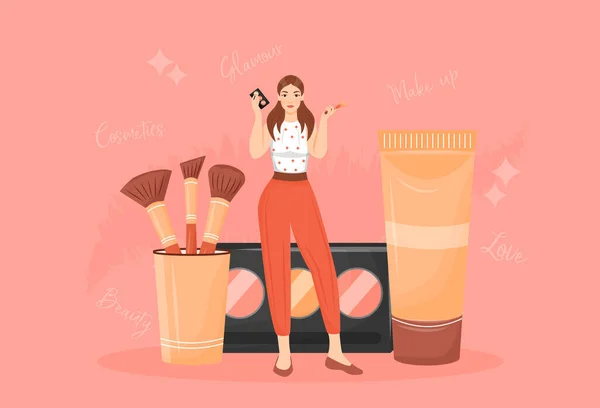 Make Künstler Flache Konzept Vektor Illustration Frau Mit Lidschatten Palette — Stockvektor