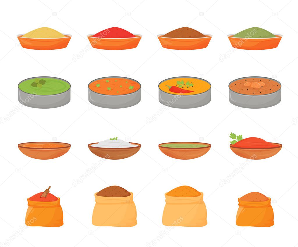 Indian meals and spices flat color vector objects set. Traditional food in metal thali, flavourings in wooden bowls and textile sacks 2D isolated cartoon illustrations on white background