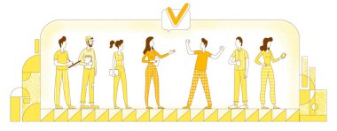 Personel düz siluet vektör çizimi işe alıyor. Şirket çalışanları, iş arkadaşları sarı arka plandaki karakterleri özetliyor. Personel seçimi, kurumsal eleman alımı, kelle avcılığı, basit çizimler.