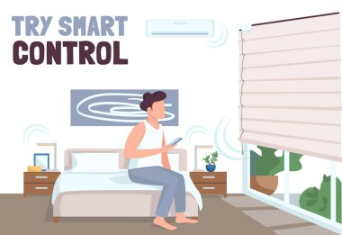 Akıllı kontrol pankartı düz vektör şablonunu dene. IOT teknoloji broşürü, çizgi film karakterleriyle poster tasarımı. Modern ev otomasyonu yatay el ilanı, metin için yeri olan broşür
