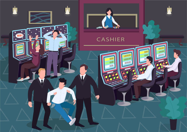 Casino flat color vector illustration. Man and woman play lottery. Security walk off loser with empty pockets. Gambler 2D cartoon characters in interior with group of people on background
