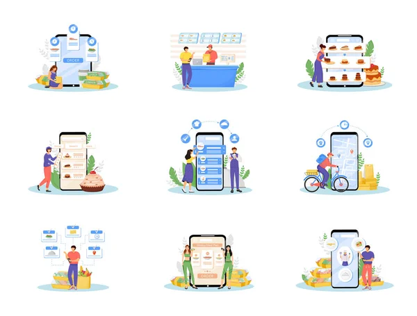 Online Elintarvikkeiden Tilaus Toimitus Tasainen Konsepti Vektori Kuvituksia Asetettu Pikaruoka — vektorikuva