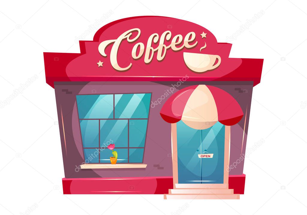 Coffeeshop cartoon vector illustration. Cafe building front flat color object. Eatery kiosk exterior. Bistro with canopy above door. Bakery with window. Cafeteria entrance isolated on white background