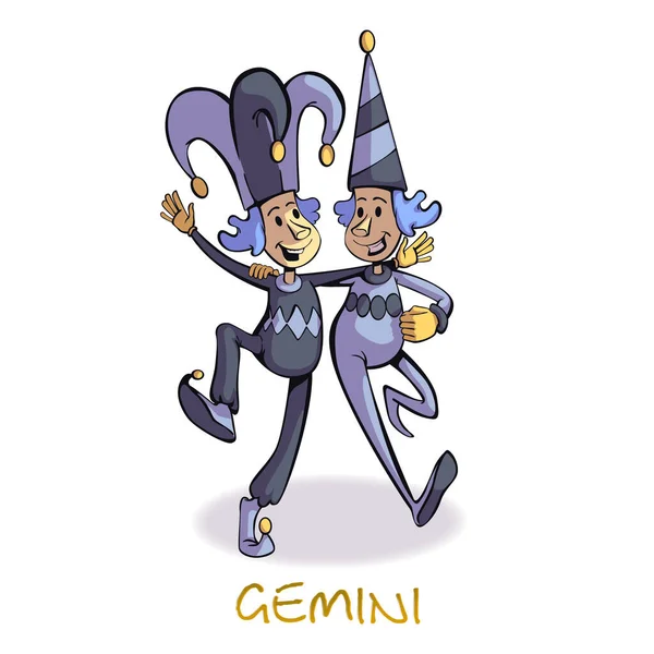 Znak Zodiaku Gemini Ludzi Płaska Ilustracja Wektor Kreskówki Bliźniaki Czapce — Wektor stockowy